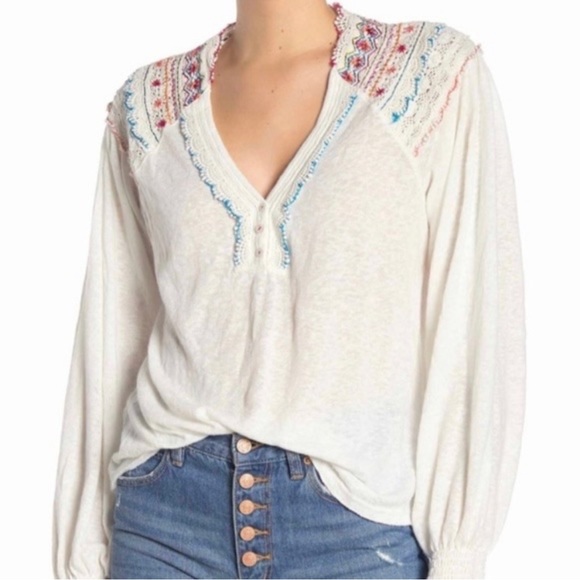 Free People Siesta Fiesta Embroidered Boho Knit Top Peasant Henley Med - Picture 12 of 12